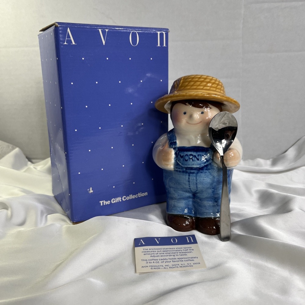 Vinatge Avon Friendly Farmer Coffee Caddy With Stainless Steel Spoon New‎ In Box